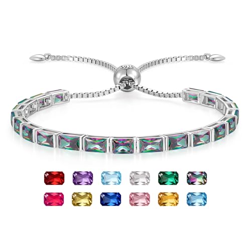 Radiant Cut Birthstone Tennis Bracelets for Women, Adjustable 6–9 Inches White Gold Plated Sterling Silver Bracelet, Hypoallergenic Anniversary Birthday Valentine’s Day Gift for Her - color: 06-Alexandrite