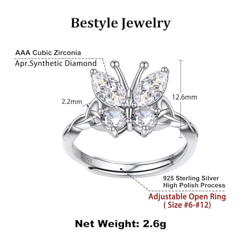 Bestyle 925 Sterling Silver Butterfly Ring Hypoallergnic Adjustable Birthstone Rings for Women Butterfly Jewelry Gifts for Anniversary Mothers' Day Birthday - color: 04.April (Clear Quartz)-Ring