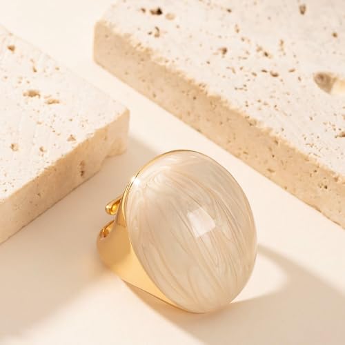 Kokoma Geometric Oval Statement Ring for Women Minimalist Open Adjustable Ring Gold Plated Bold Dome Cocktail Rings Promise Anniversary Band Jewelry - color: White