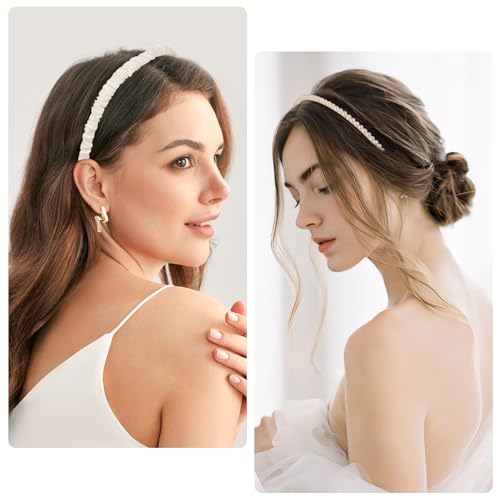 LYroo Headbands for Women Girls Non Slip - 8 Pack Wide Padded Headband Cute Floral Headbands Fashion Pearl Beaded Thin Head Bands Trendy Hair Accessories(White & Pink) - color: Beige