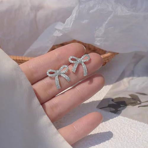 Rhinestone Bow Earrings for Women, Elegant Bridal Jewelry Statement Drop Dangle Earrings, Wedding Guest Dress Matching Accessories, Bridesmaid Gift, Sparkling Party Costume Outfit - color: A2:Silver Bow Stud Earrings