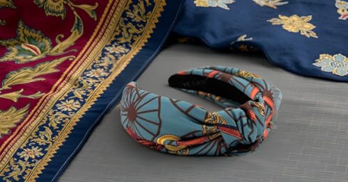 Knotted Headband for Women, Colorful Satin Fabric with a Soft Silk Feel, Adjustable Girls Headbands Year-round Vintage-Looking, Sky Blue Chain Belt, Baroque Pattern Top Knot Head bands - color: Blue