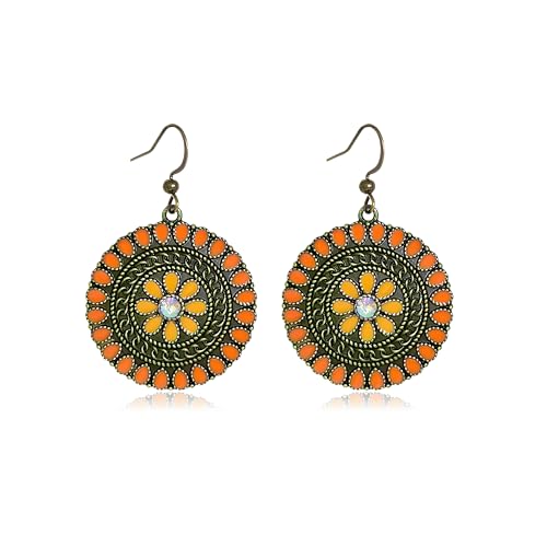 MALOYANVE Vintage Boho Circular Flower Dangle Earring, Handmade Bronze Tribal Round Enamel Floral Drop, Bohemian Ethnic Statement Jewelry Gift for Women - color: Orange