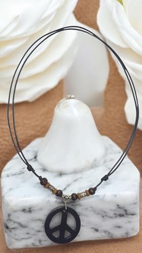 LAVIP Peace Sign Pendant Necklace, Black Cord with Wooden Beads, Boho Style - color: Black