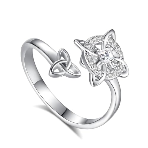 Vito 925 Sterling Silver Adjustable Open Spoon Ring for Women Men, Lotus Sunflower Snake Spoon Band Rings Feather Hug Witches Knot Inspirational Jewelry Gift for Wife - style: Witches Knot-Cubic Zirconia
