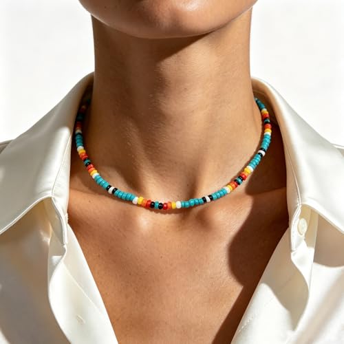 Tgirls Boho Choker Necklace Chain Rice Beaded Necklaces Seed Bead Necklace Accessory for Women - color: colourful 1