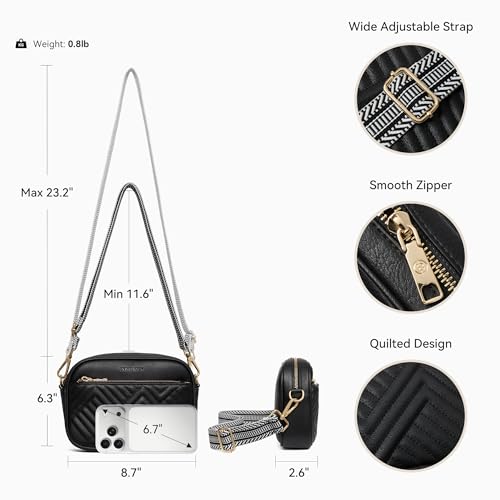 BOSTANTEN Quilted Crossbody Bags for Women Vegan Leather Purses Shoulder Handbags with Wide Strap - color: Black