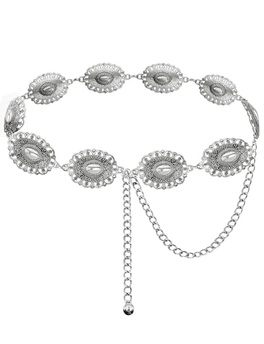 TOPACC Western Metal Concho Belt for Women Cowgirl Chain Belts for Dresses Jeans Country Concert Outfit - color: E Silver, size: Fit Waist: 30-32 in