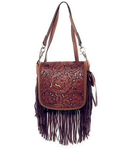 Western Genuine Leather Floral Tooled Fringe Womens Crossbody Bag 3 Color - color: Brown