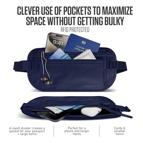 VENTURE 4TH Money Belt for Travel – Slim Hidden Under-Clothes RFID Blocking Anti-Theft Passport Holder & Travel Wallet Pouch for Men & Women to Protect Cash, Cards & Documents (Sleek Navy Blue) - color: Sleek Navy Blue