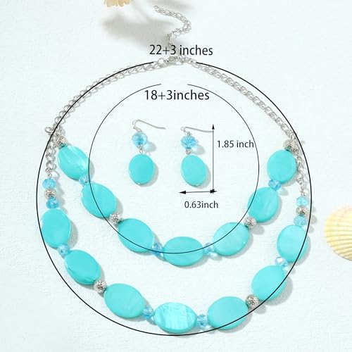 2 Layered Chunky Beaded Shell Necklace for Women Sea Shell blue/yellow/red/green/turquoise/teal/white Statement Necklace and Earring Set Elegant Women Necklace Set Jewelry Sets for Women - color: Aqua blue