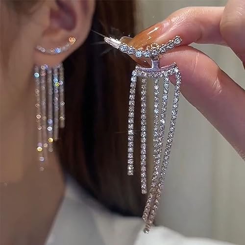 Silver Rhinestone Tassel Earrings for Women Fringe Dangle Drop Lightweight Earrings Jewelry Gifts