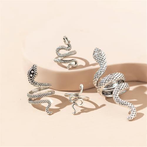 4Pcs Vintage Snake Knuckle Rings for Women,Retro Cool Snake Rings Boho Stackable Midi Cuff Rings Adjustable Animal Ring Set Fashion