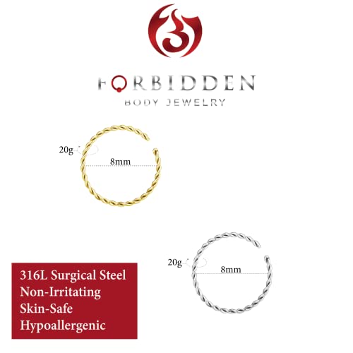 Forbidden Body Jewelry Nose Rings Set Surgical Steel Braided Hoops for Pierced and Fake Nose and Cartilage Piercings 14G-20G - style: 20g 8mm Silver/Gold Tone (2Pcs)