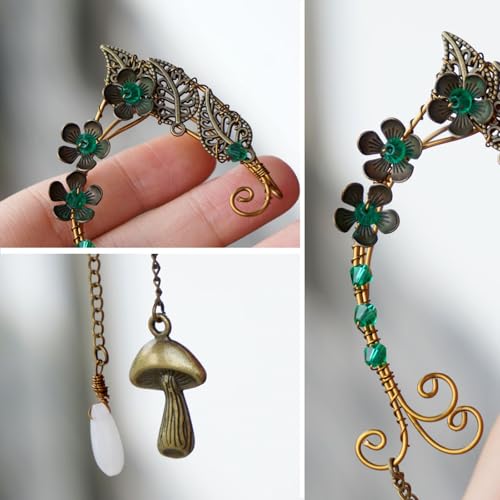 Elf Ear Cuffs, OwMell Handcraft Silver Pointed Fairy Elven Cosplay Fantasy Costume Bridal Wedding Earrings for Non Pierced Ears - style: Forest Mushroom