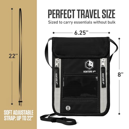 VENTURE 4TH Neck Wallet – RFID Blocking Passport Holder for Travel, Hidden Passport Wallet, Concealed Travel Wallet for Women, Men & Family (Black) - color: Black