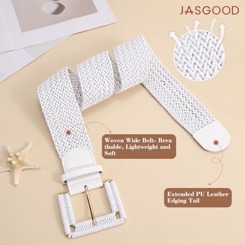 JASGOOD Women Wide Woven Belt for Dresses Rattan Waist Belt Braided Boho Belt with Square Buckle - color: White, size: Fit Waist Size 28-32inch