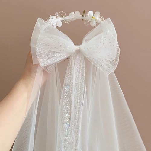 Artificial Flower Crown Headband for Women Girls – Boho Floral Wreath Halo for Weddings, Photoshoots, Festivals, Birthdays, and Costume Parties (White Flower Bowknot, Adjustable) - color: White Flower Bowknot