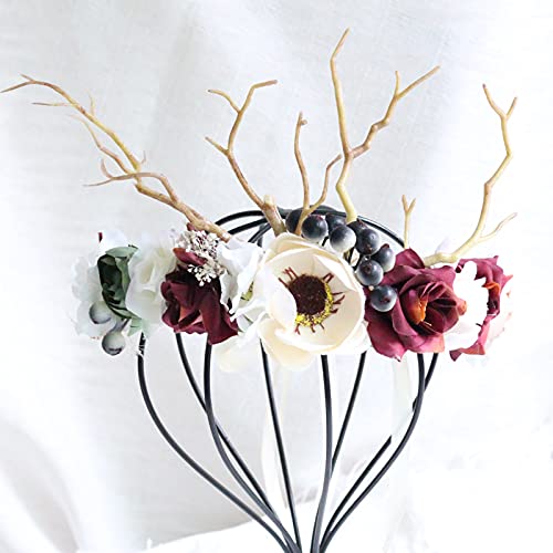 Vivivalue Deer Flower Crown Women Flower Headband Hair Wreath Floral Headpiece Halo Boho with Ribbon Wedding Party Prom Photos - color: Z