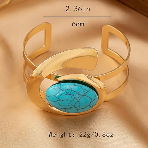 Boho Open Bracelet Ring Set for Women Black and Gold Jewelry Set Oval Cuff Bracelet Adjustable Ring Vintage Jewelry - style: Turquoise