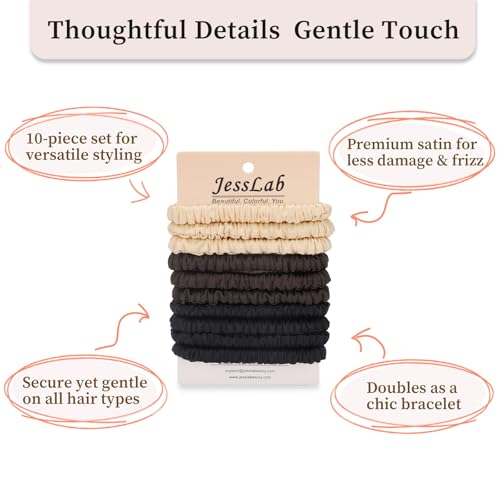 JessLab No Damage Satin Scrunchies, No Crease Hair Ties for Women, Gentle on Fine & Curly Hair, Sleeping, Party, 10-Piece - color: Assorted Colors 2