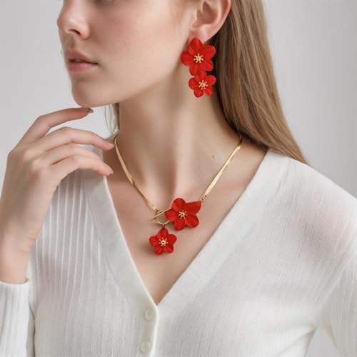 WCRAZYE Gold Flower Earrings Necklace Set for Women Boho Summer Daisy Floral Statement Earrings Brides Wedding Guest Dresses Jewelry - color: Red