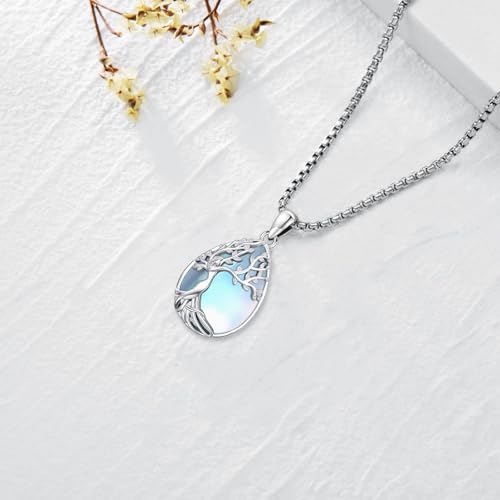 Turquoise/Amethyst/Moonstone/Black Onyx Tree of Life Necklace for Women Hummingbird Necklaces White Gold Plated Copper Jewelry - style: B-Tree of Life -Moonstone