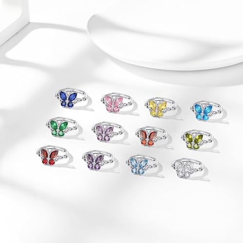 Bestyle 925 Sterling Silver Butterfly Ring Hypoallergnic Adjustable Birthstone Rings for Women Butterfly Jewelry Gifts for Anniversary Mothers' Day Birthday - color: 01.January (Garnet)-Ring
