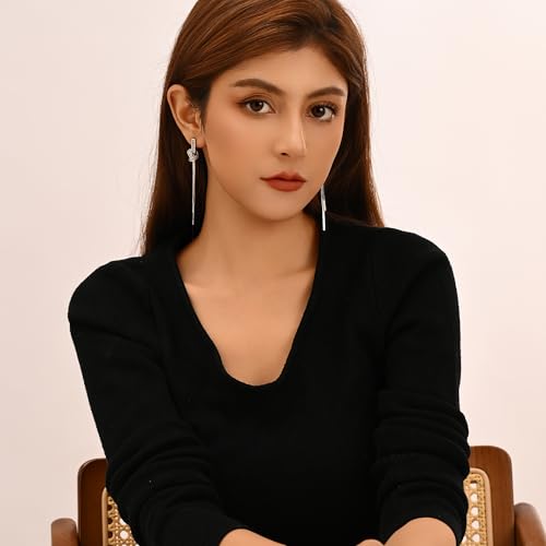 18K Gold/Silver Plated Dangle Earrings for Women Sparkly Rhinestone Long Tassel Dangle Earrings Dainty Long Hanging Chain Earrings Wedding Party Prom Earrings - color: Silver
