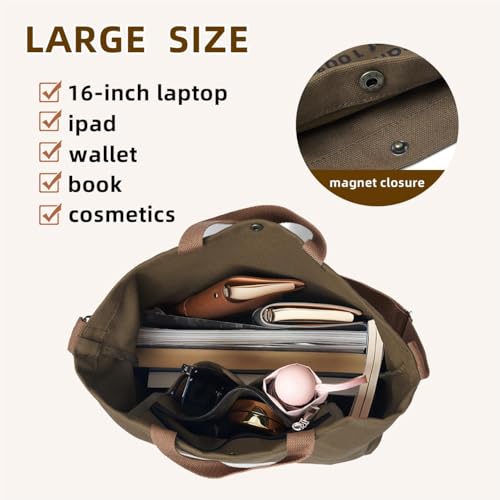 Canvas Tote Bag For Women inside out bag Crossbody Handbag with Adjustable Strap and Coin Purse for Work,Travel,Grocery - color: Coffee