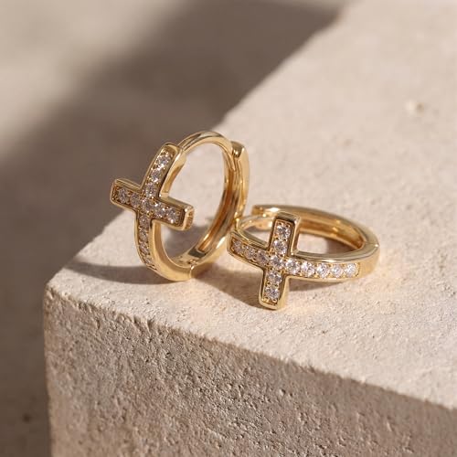 MEVECCO Cross Hoop Earrings 14K Gold Plated Dainty Minimalist Simple Small Faith Cross Huggie Earrings For Women Symbol of Protection Faith Jewelry Gift - style: White-Cross