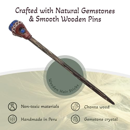Mia Jewel Shop - Natural Tumbled Healing Gemstone Crystal Chonta Wooden Hair Sticks – Handmade Hair Sticks for Women | Hair Pins Boho Reiki Accessories, Fashion Gifts (Blue Lapis Lazuli) - color: Blue Lapis Lazuli