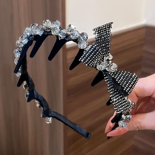 Black Crystal Bow Headband with Teeth for Women, Non-Slip Rhinestone Comb Hairband, Sparkly Studded Bowknot Hard Head Band, Elegant Cute Hair Accessories for Thick Hair - color: Sparkly Rhinestone
