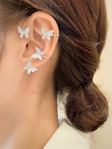 2Pcs Rhinestone Butterfly Earrings Ear Cuffs Non-Pierced Fake Earrings Butterfly Climber Wrap Around Earring Dainty Adjustable Ear Clip Jewelry for Women - color: Style5-silver