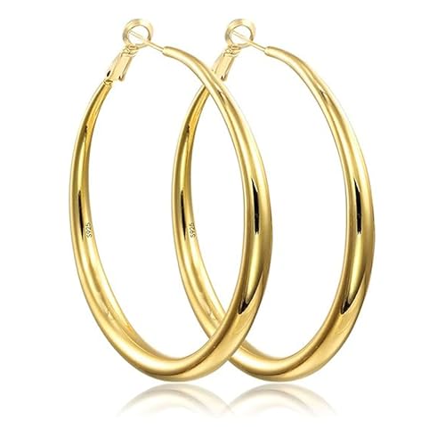 EXGOX Sterling Silver Hoop Earrings - Hypoallergenic, Lightweight, Chunky, 14K Real Gold Plated, Big Large Hoops for Women - color: Chunky&Gold hoop 70mm