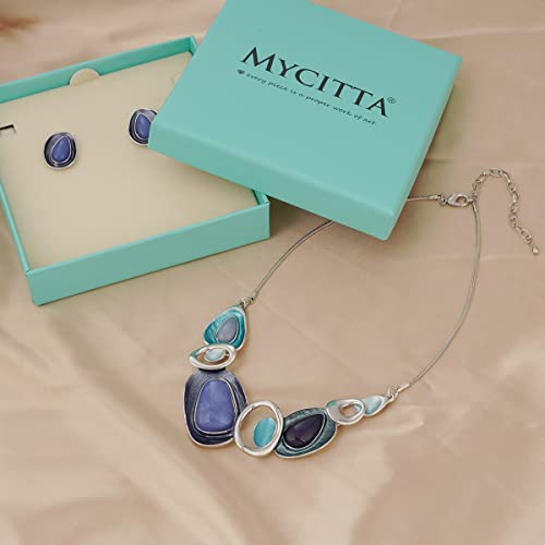 Vintage Chunky Statement Jewelry Set Retro Leaf Floral Geometric Bohemian Boho Bib Necklace Earring Set Fashion Costume Jewelry for Women Girls Wedding Party Prom Unique Gift - style: oval-blue