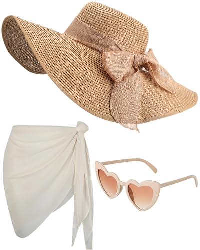 3 Pcs Summer Beach Set for Women Wide Brim Straw Sun Hat, Swimsuit Coverup Sarong, Heart Sunglasses - color: Beige