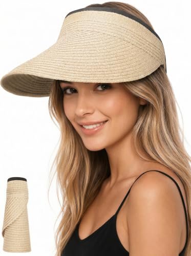 Senker Fashion Sun Hats Visor for Women, Straw Beach Hat Adjustable Wide Brim Ponytail Packable for Summer Travel UPF 50+ - color: Beige