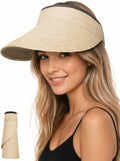 Senker Fashion Sun Hats Visor for Women, Straw Beach Hat Adjustable Wide Brim Ponytail Packable for Summer Travel UPF 50+ - color: Beige