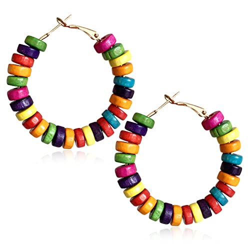 Handmade Nature Wooden Beaded Hoop Earrings Bohemian Minimalist Colorful Circle Round Wood Bead Earrings Vintage Chic Wooden Ethnic Dangle Drop Earrings for Women Statement Jewelry Gifts - color: Color Small Round 2
