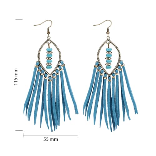 Long Bohemian Fringe Leather Earrrings Handmade Tassel Earrings with Turquoise Christmas Long Dangle Earrings for Women rodeo jewelry - color: 9
