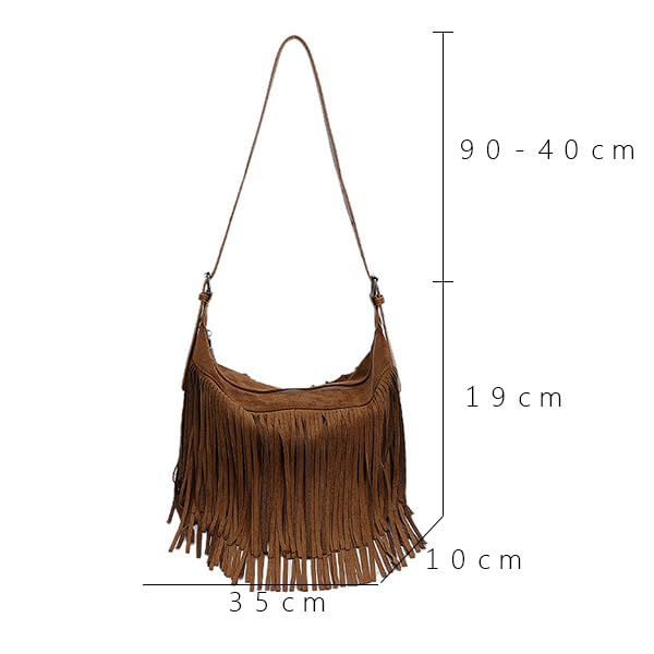 Fringe Genuine Suede Leather Hobo Bag Adjustable Crossbody Shoulder Bag Boho Retro Tassel Handbag Gift Box - color: Brown