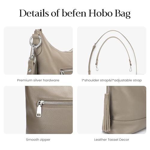 Genuine Leather Hobo Crossbody Bag for Women, Soft Real Leather Bucket, Shoulder Handbag Purse with 2 Removable Strap - color: Taupe-grey
