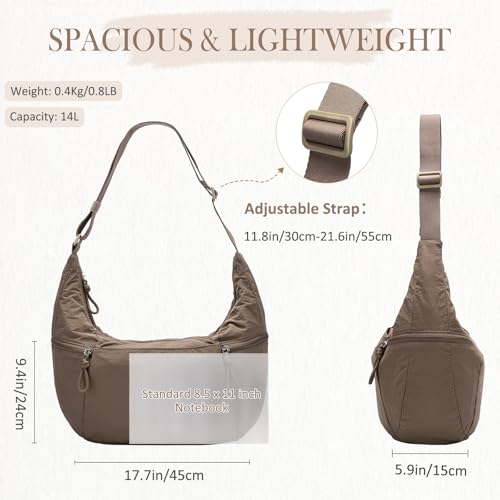 VASCHY Crossbody Crescent Bag for Women, Casual Lightweight Nylon Large Slouchy Hobo Bags Purses for Travel/Gym/Work/College - color: Light Brown