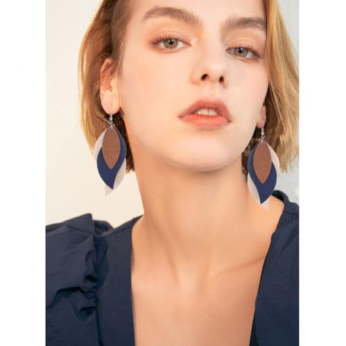 ANXIN boho unique Leather Earrings 2 Layered Lightweight Faux Leather Leaf Earrings Layered Design Drop Earrings Gift for Women - color: Style B