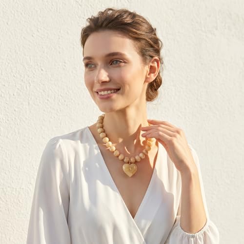 Elegance 11 designs Chunky Heart Necklace for Women, Colorful Acrylic Beaded Statement Puff Heart Necklace, Cute Boho Y2K Choker Necklace for Gift Jewelry - color: Beige