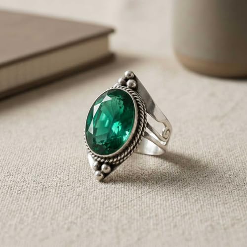 Handmade 925 Sterling Silver Plated Ring Natural Gemstone Carnelian, Rose Quartz, Tiger Eye, Crystal Oval Boho Jewelry For Women - color: Emerald Simulated