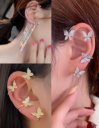 Tornito 17Pcs Ear Cuffs Chain Earrings Snake Butterfly Leaf Non Piercing Clip on Earring Fake Helix Cartilage Earrings Ear Clip Jewelry Silver Gold Tone - color: A:Silver Tone