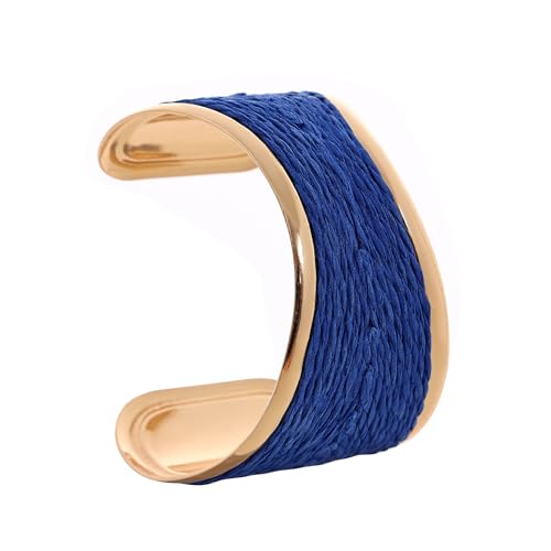 Raffia Colorful Chunky Cuff Bracelet For Women Statement Irregular Wave Vacation Tropical Beachy Spring Summer Wide Open Bangle Handmade Boho Costume Jewelry Accessories - color: C Blue