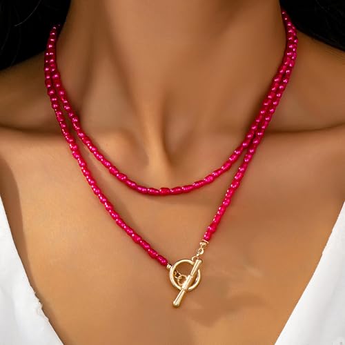 Red Beaded Necklace for Women Choker Gold Toggle Clasp Layered Stack Dainty Statement Western Boho Trendy Summer Vacation Necklaces Birthday Jewelry Gifts - color: C1:Red Beaded Necklace